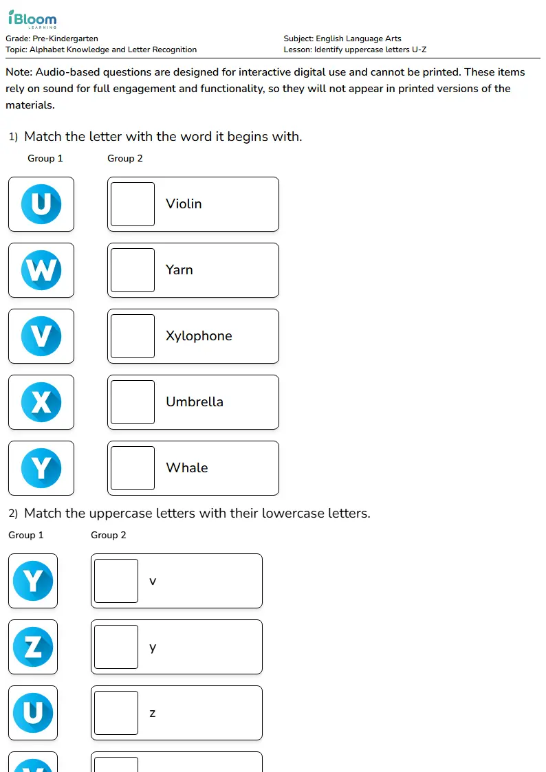 Identify uppercase letters U-Z Lesson for Pre Kindergarten | iBloom
