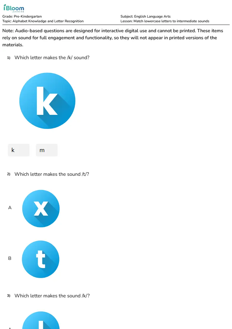 Match lowercase letters to intermediate sounds Lesson for Pre Kindergarten | iBloom