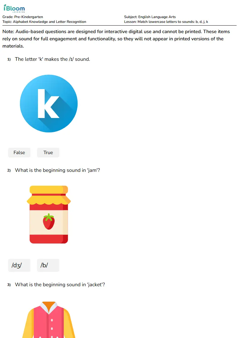 Match lowercase letters to sounds: b, d, j, k Lesson for Pre Kindergarten | iBloom
