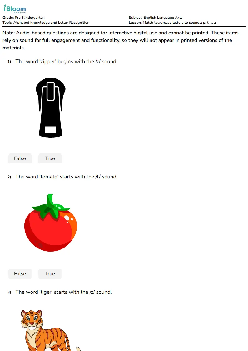Match lowercase letters to sounds: p, t, v, z Lesson for Pre Kindergarten | iBloom