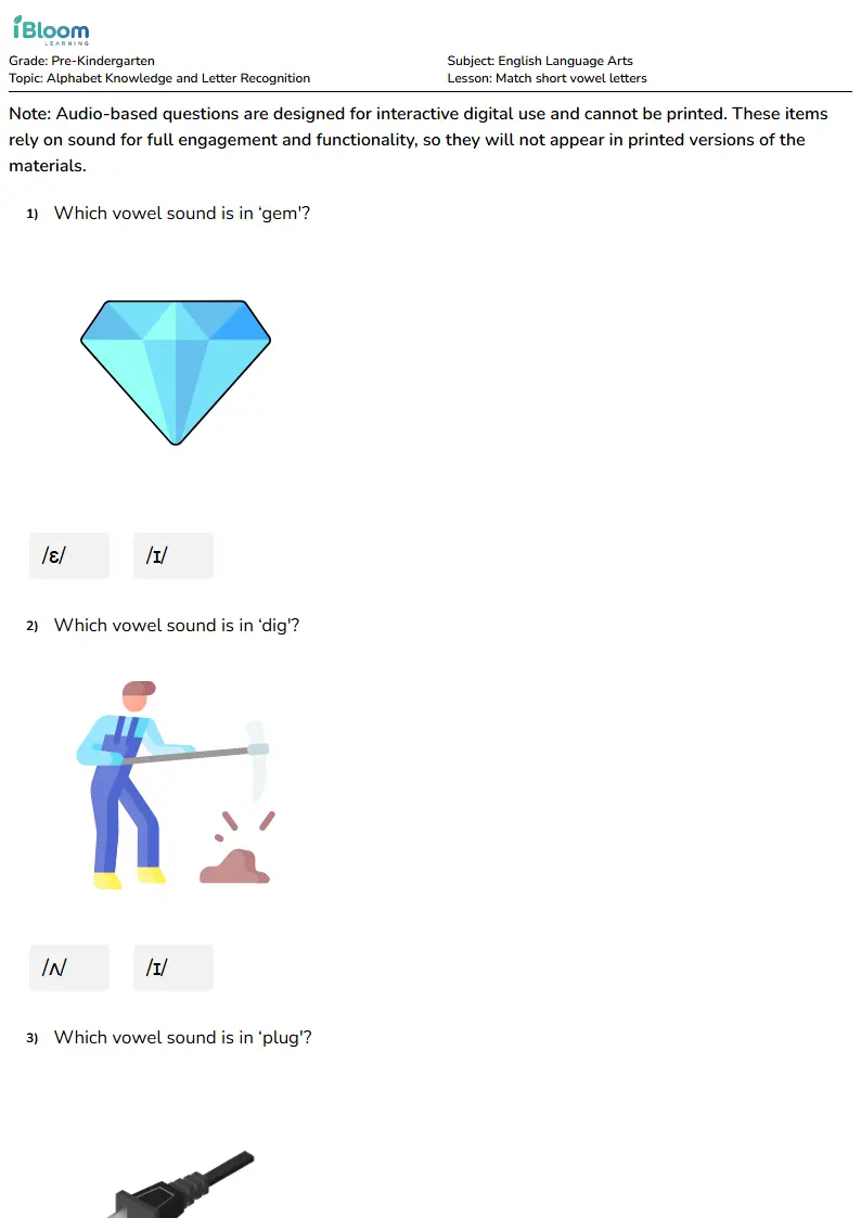 Match short vowel letters Lesson for Pre Kindergarten | iBloom