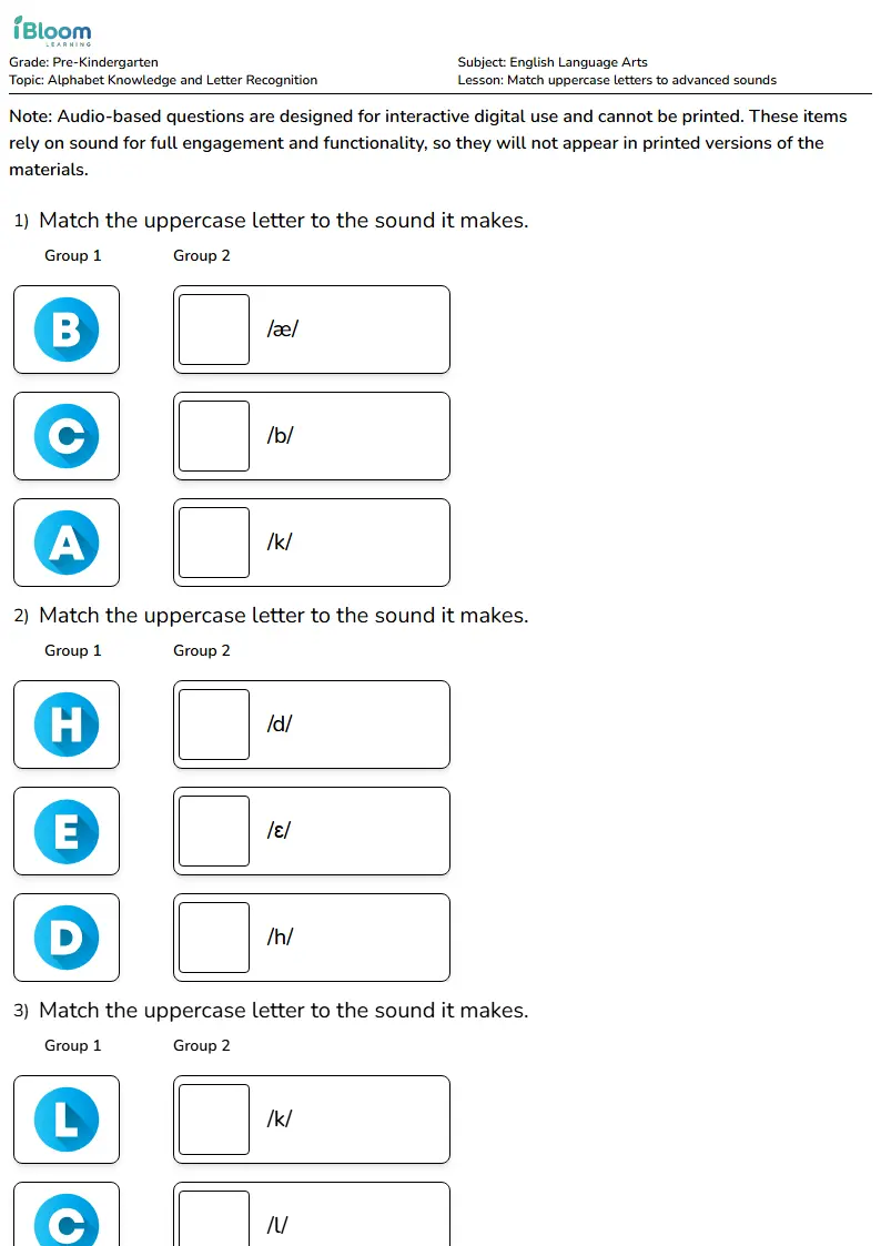 Match uppercase letters to advanced sounds Lesson for Pre Kindergarten | iBloom