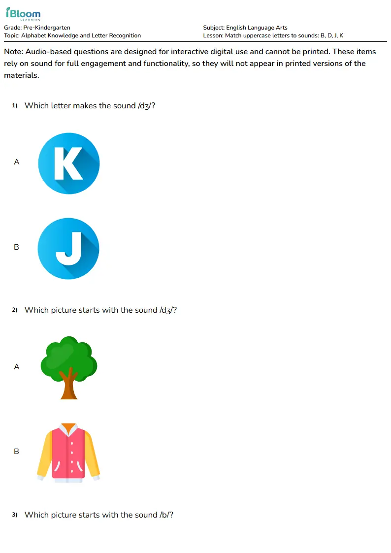 Match uppercase letters to sounds: B, D, J, K Lesson for Pre Kindergarten | iBloom