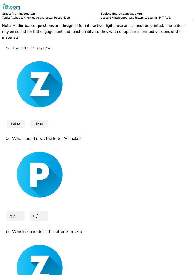 Match uppercase letters to sounds: P, T, V, Z Lesson for Pre Kindergarten | iBloom