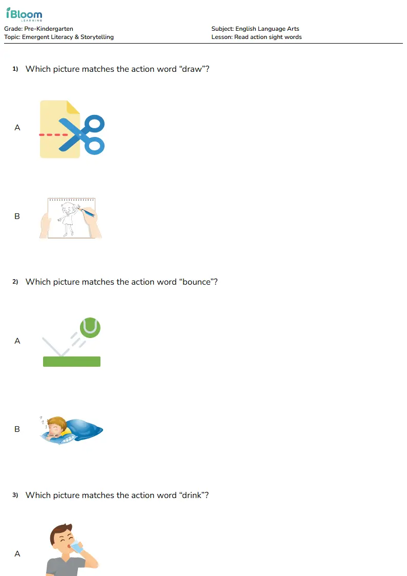 Read action sight words Lesson for Pre Kindergarten | iBloom