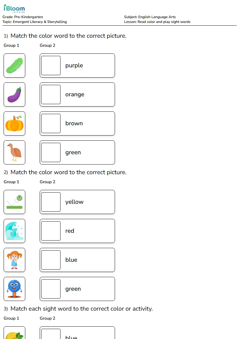 Read color and play sight words Lesson for Pre Kindergarten | iBloom