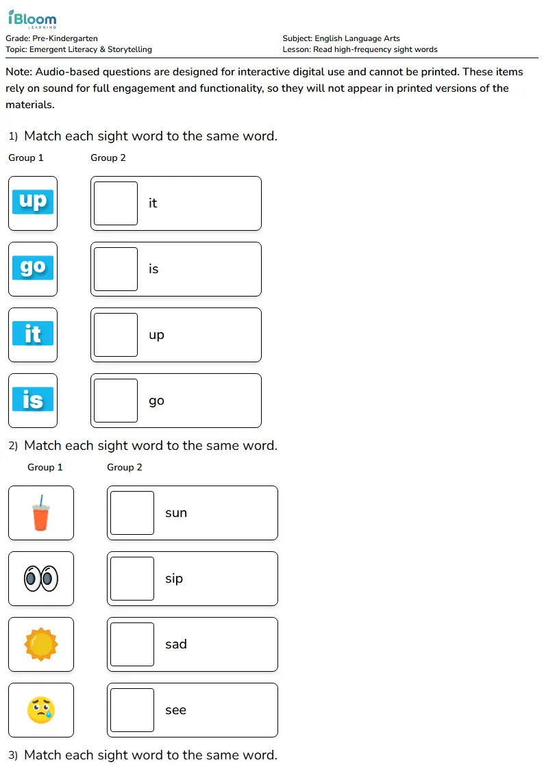 Read high-frequency sight words Lesson for Pre Kindergarten | iBloom