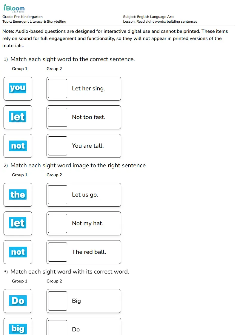 Read sight words: building sentences Lesson for Pre Kindergarten | iBloom