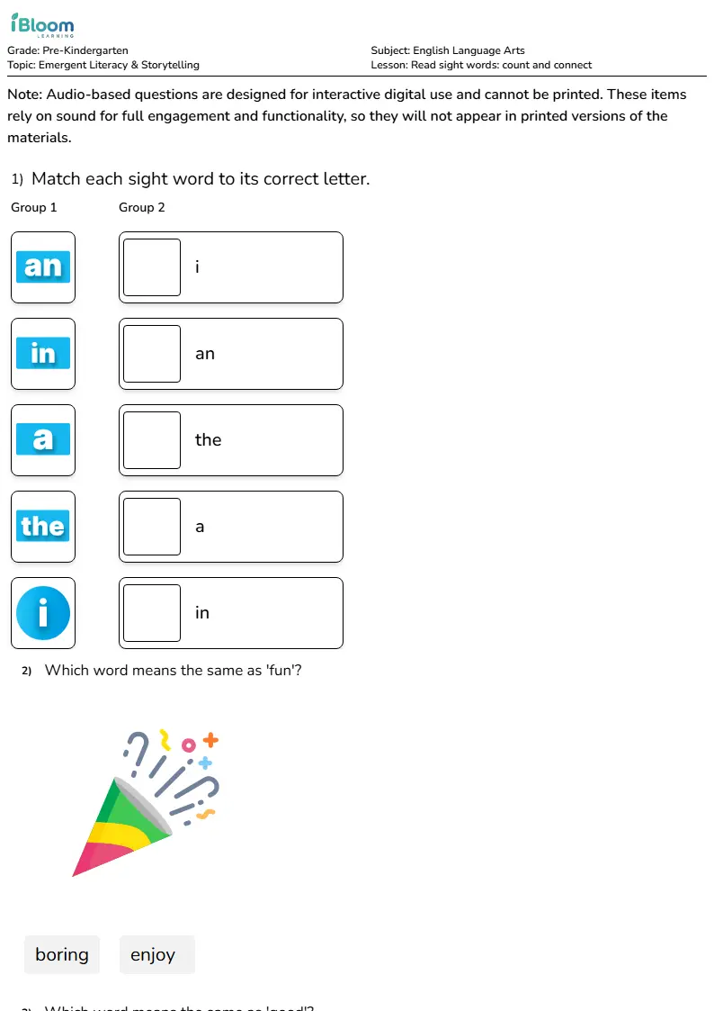 Read sight words: count and connect Lesson for Pre Kindergarten | iBloom