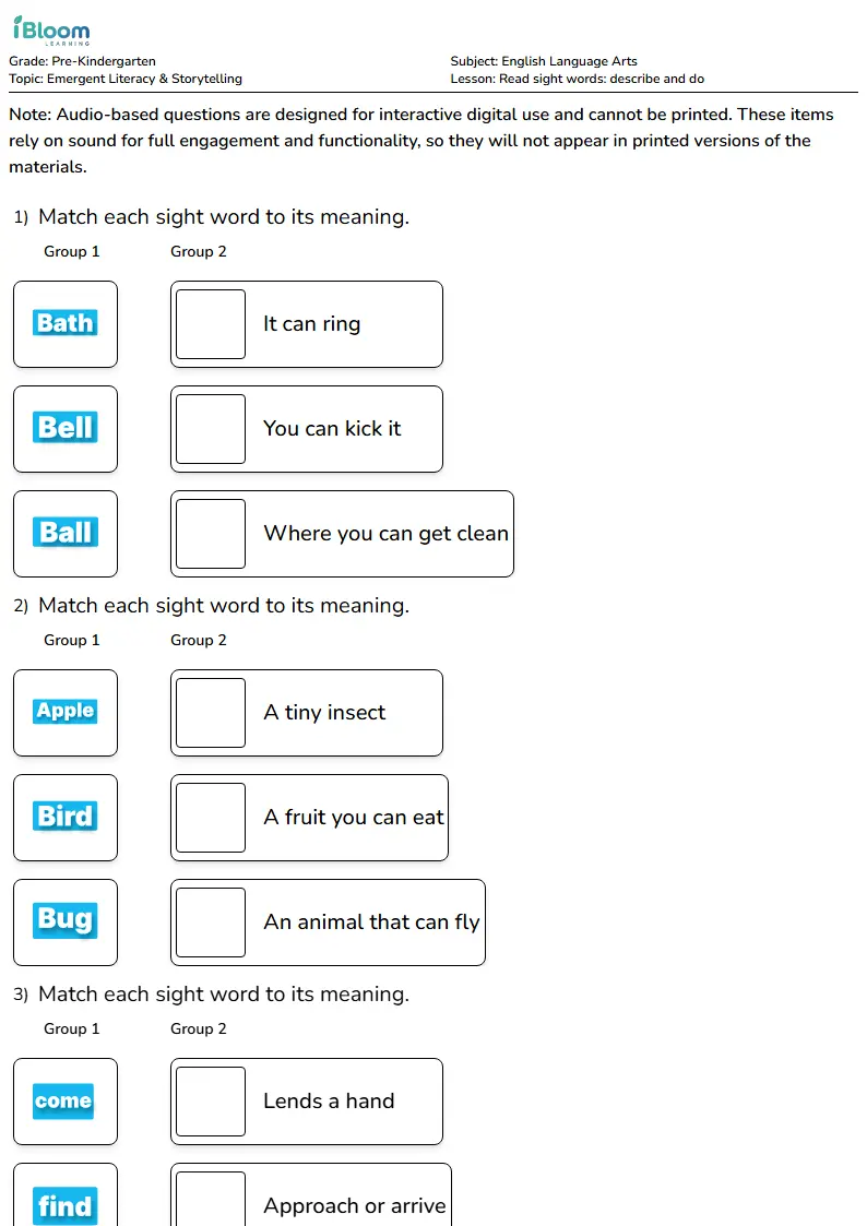 Read sight words: describe and do Lesson for Pre Kindergarten | iBloom