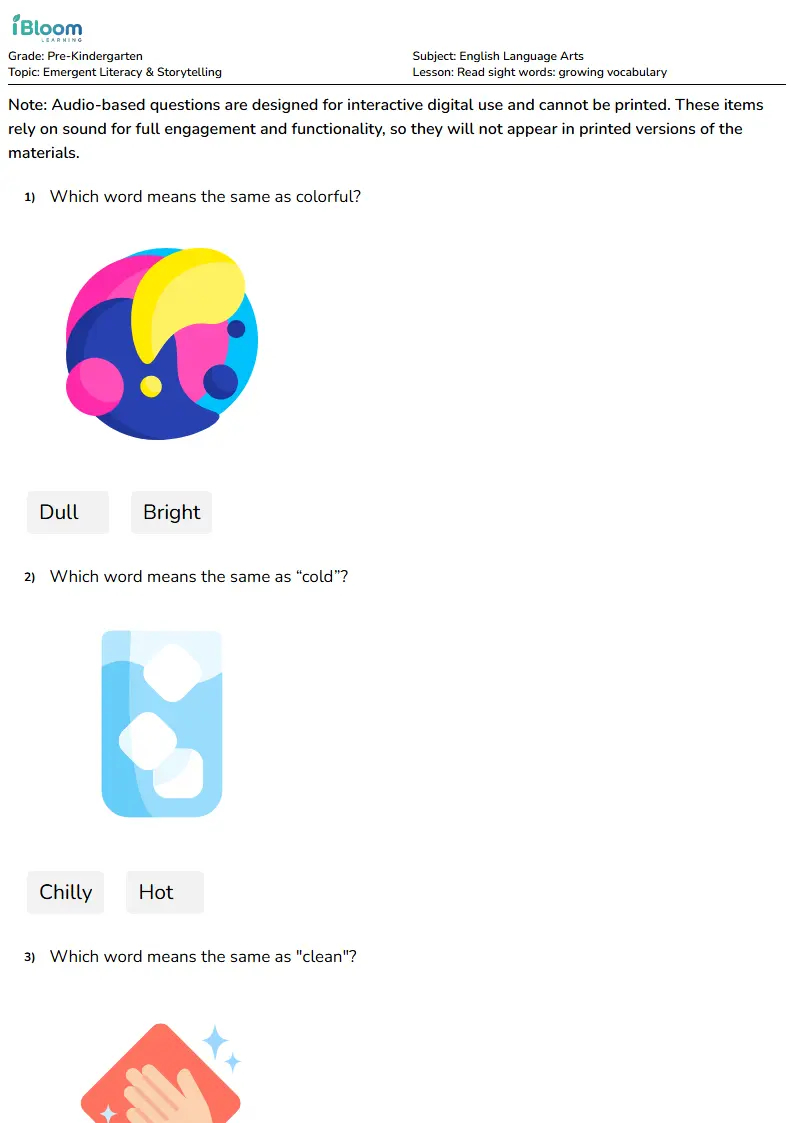 Read sight words: growing vocabulary Lesson for Pre Kindergarten | iBloom