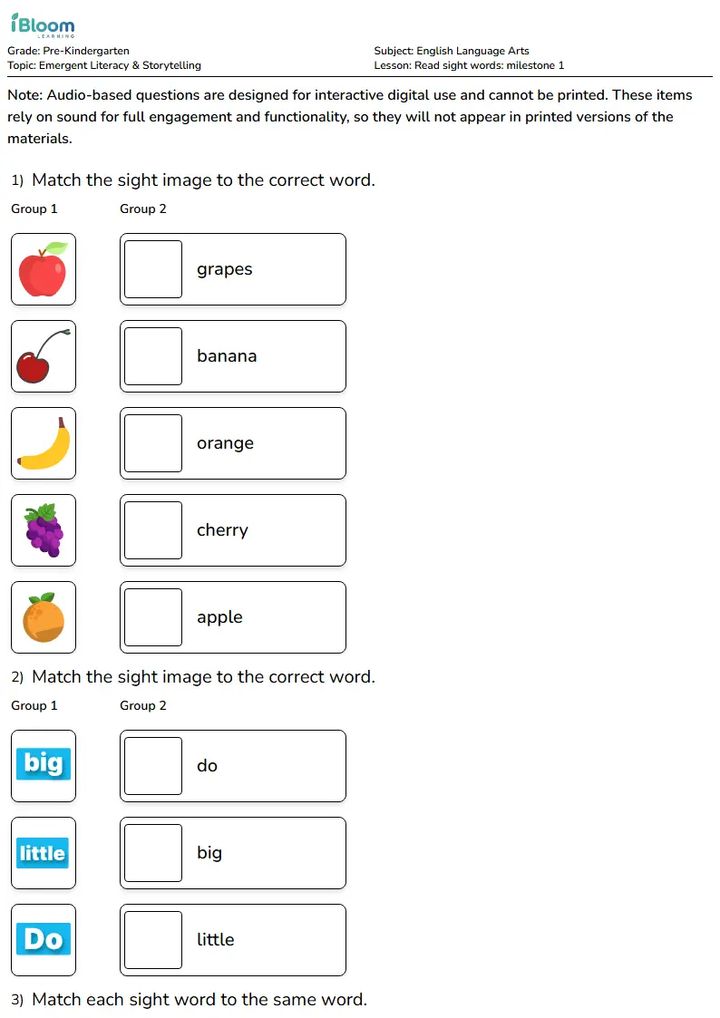 Read sight words: milestone 1 Lesson for Pre Kindergarten | iBloom