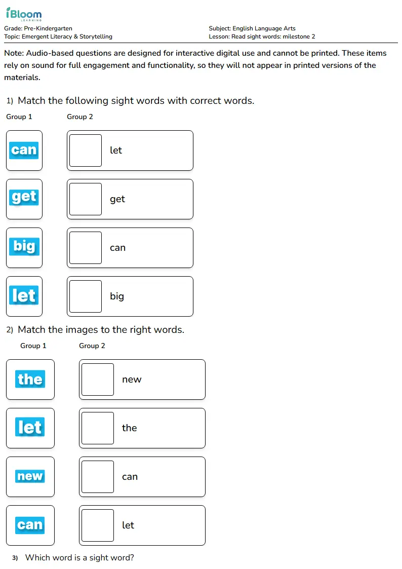 Read sight words: milestone 2 Lesson for Pre Kindergarten | iBloom