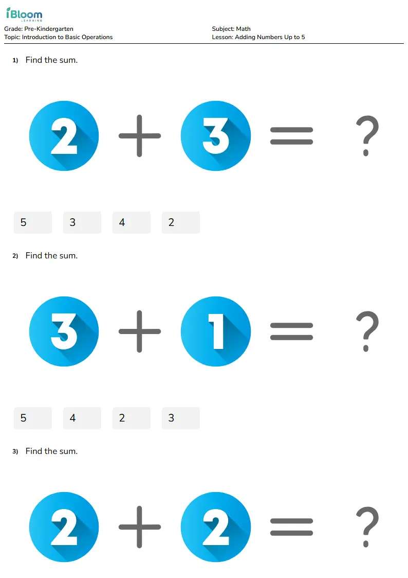 Adding Numbers Up to 5 Lesson for Pre Kindergarten | iBloom