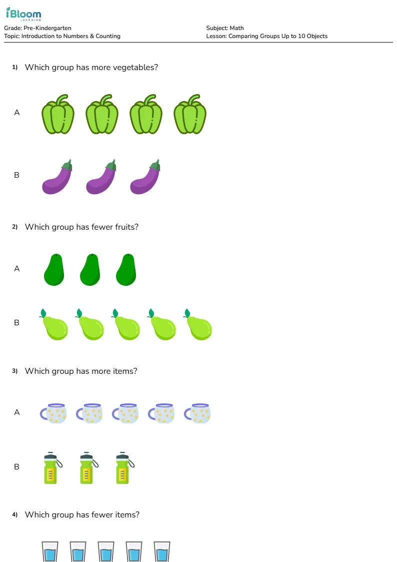 Comparing Groups Up to 10 Objects Lesson for Pre Kindergarten | iBloom