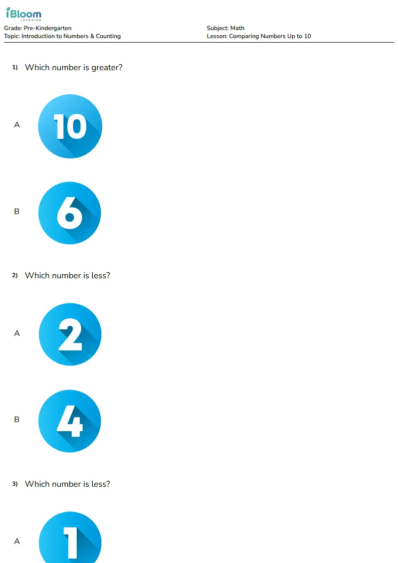 Comparing Numbers Up to 10 Lesson for Pre Kindergarten | iBloom