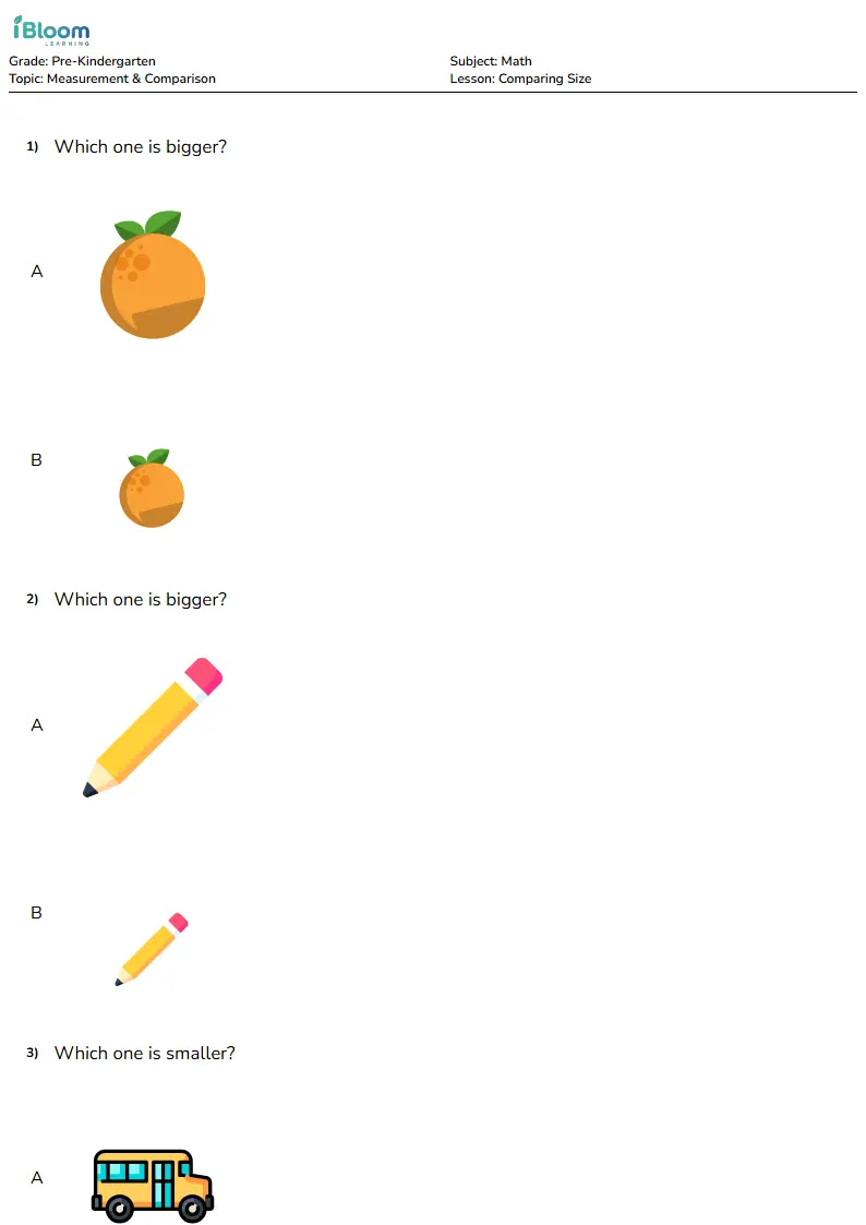 Comparing Size Lesson for Pre Kindergarten | iBloom