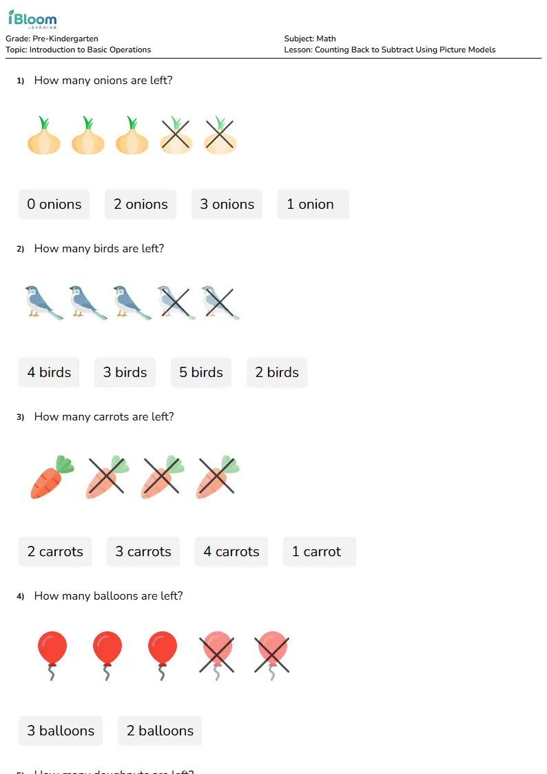 Counting Back to Subtract Using Picture Models Lesson for Pre Kindergarten | iBloom