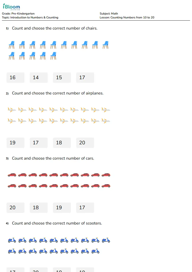 Counting Numbers from 10 to 20 Lesson for Pre Kindergarten | iBloom