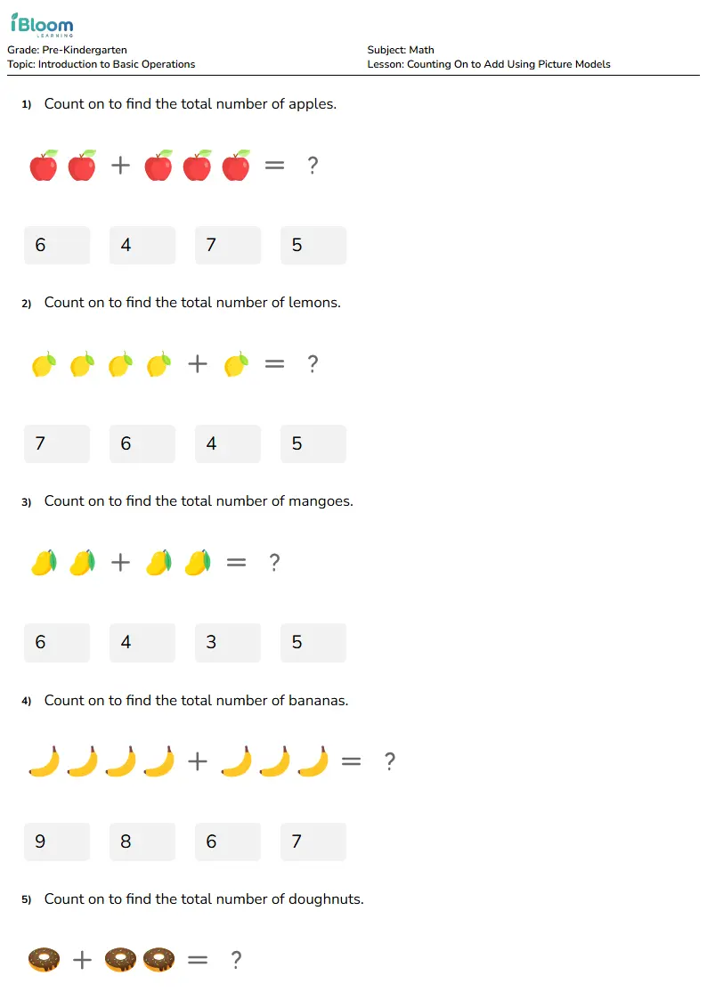 Counting On to Add Using Picture Models Lesson for Pre Kindergarten | iBloom