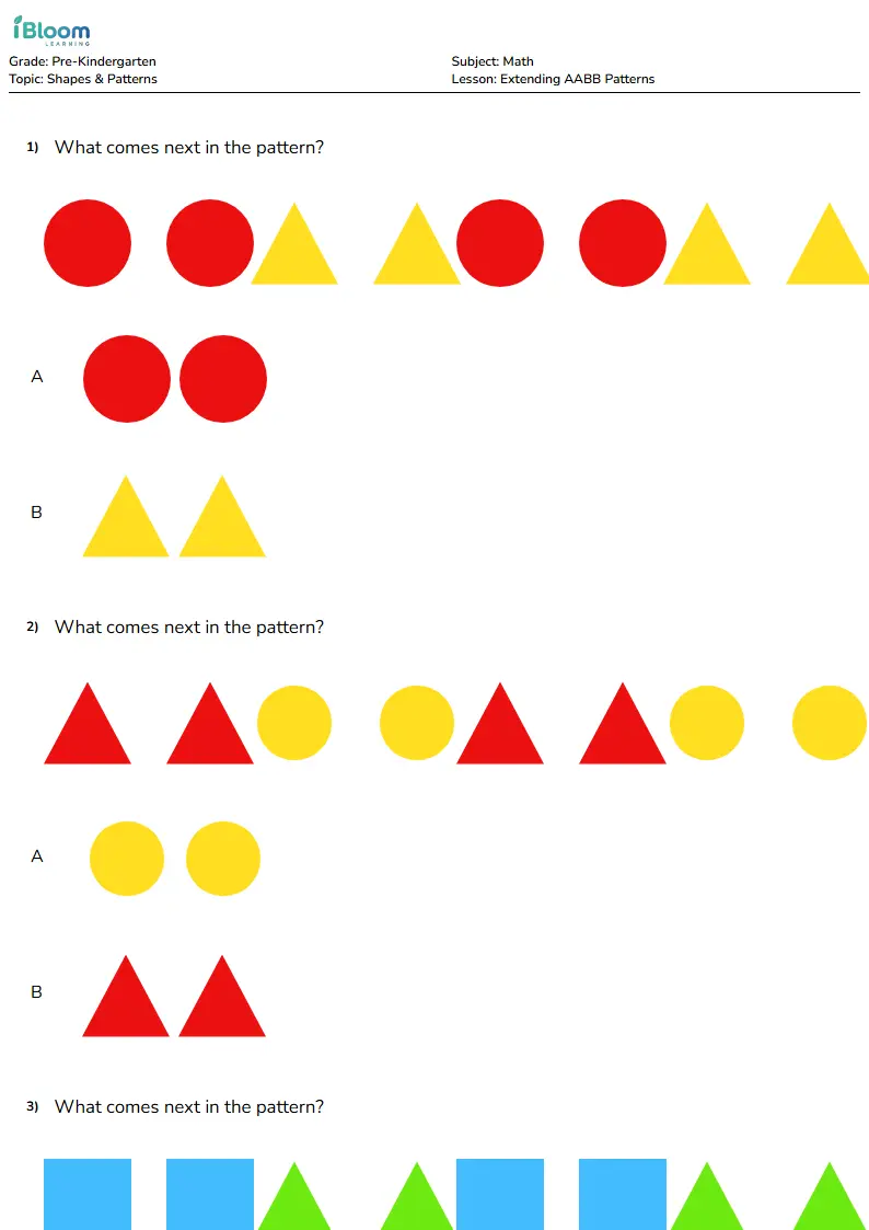 Extending AABB Patterns Lesson for Pre Kindergarten | iBloom
