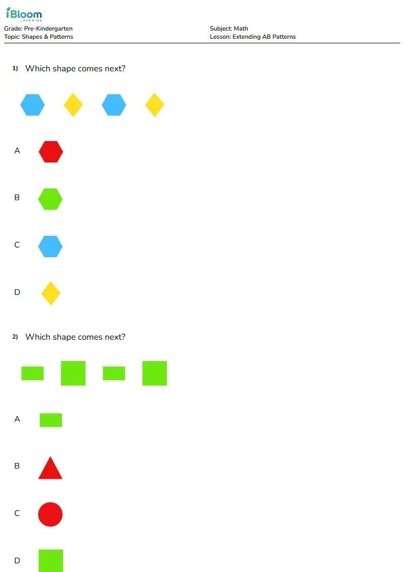 Extending AB Patterns Lesson for Pre Kindergarten | iBloom