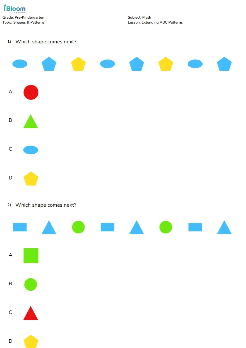Extending ABC Patterns Lesson for Pre Kindergarten | iBloom