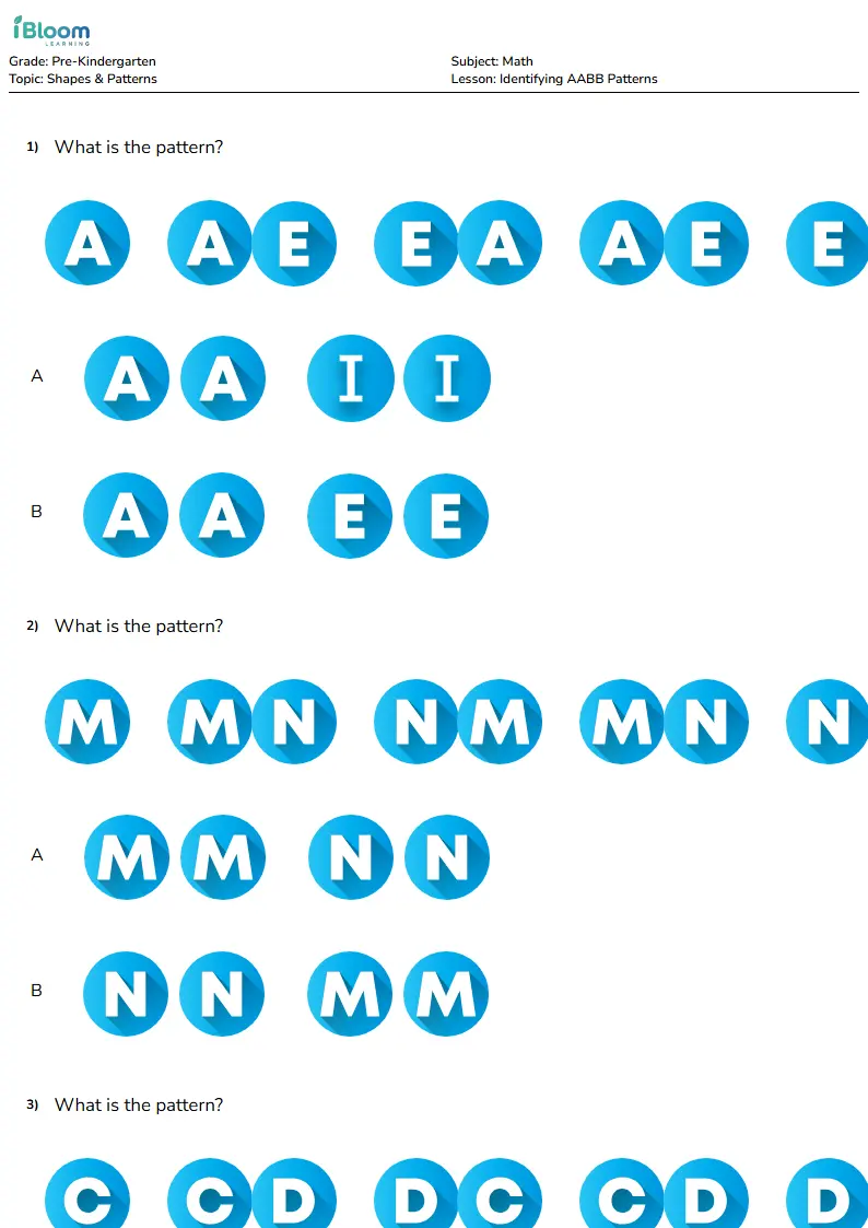 Identifying AABB Patterns Lesson for Pre Kindergarten | iBloom