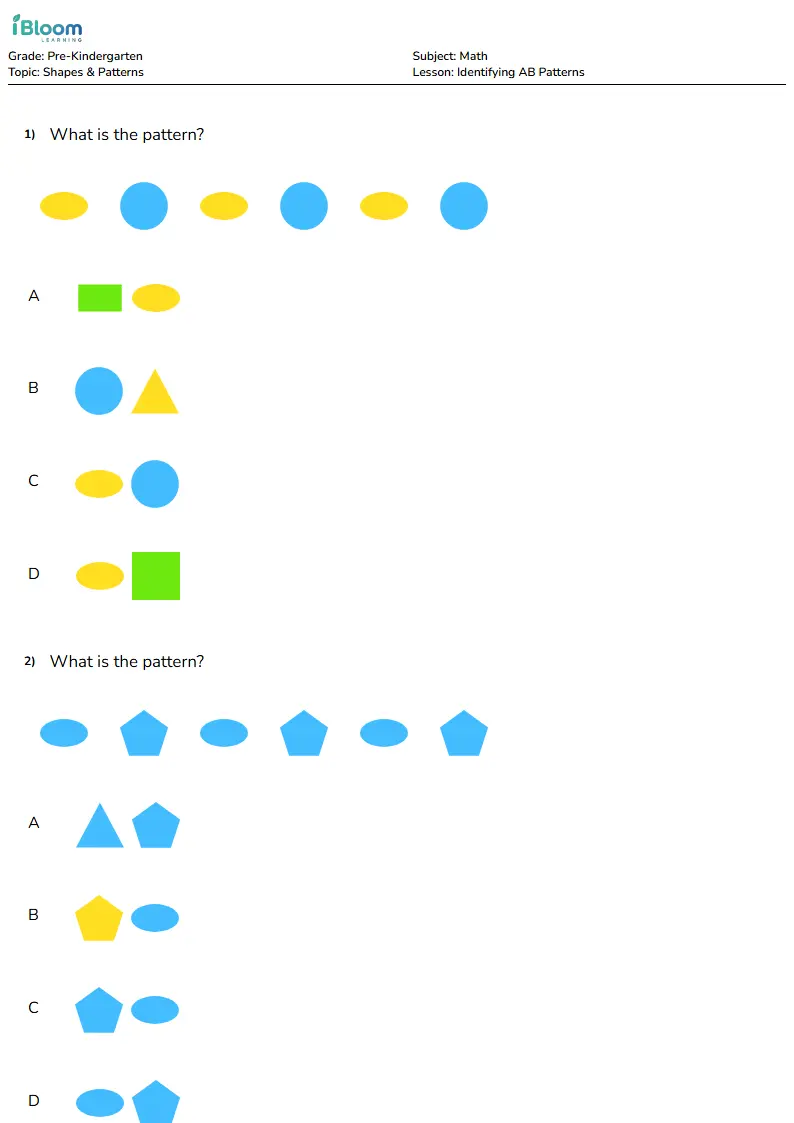 Identifying AB Patterns Lesson for Pre Kindergarten | iBloom