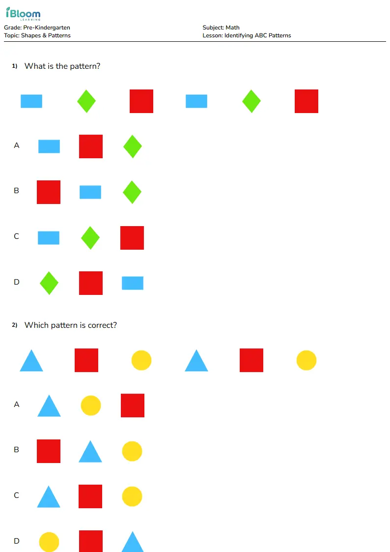 Identifying ABC Patterns Lesson for Pre Kindergarten | iBloom