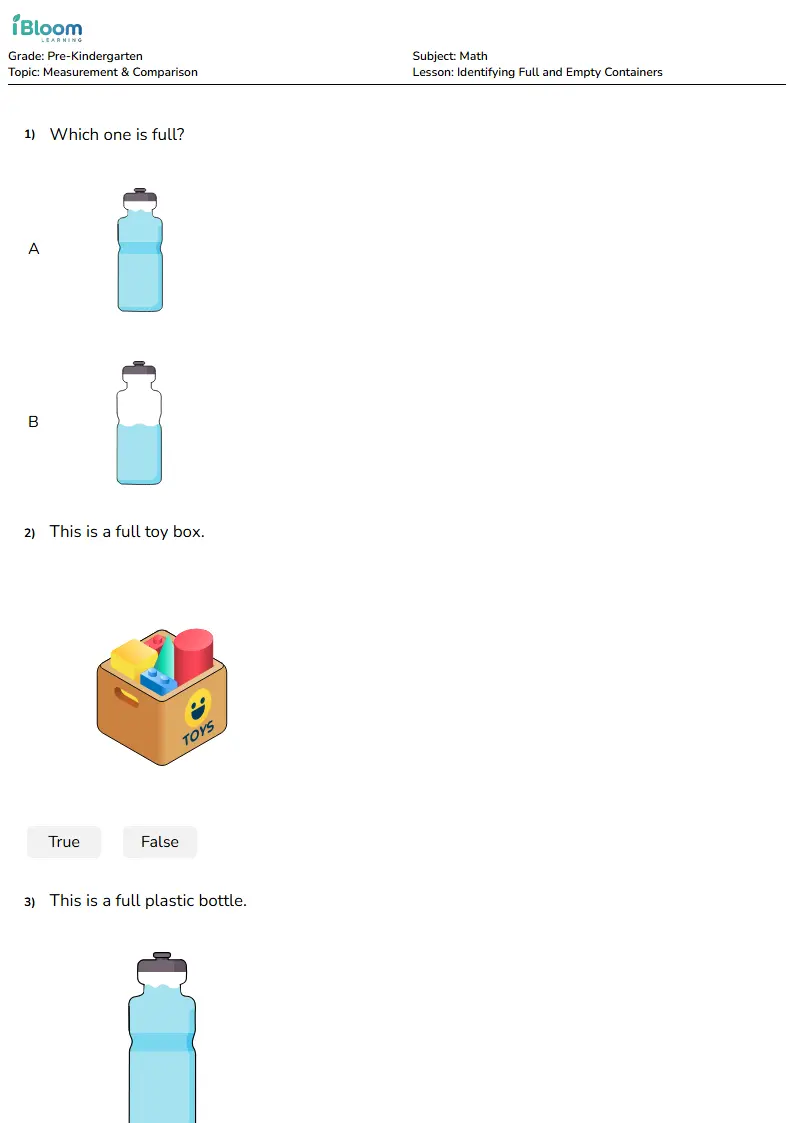 Identifying Full and Empty Containers Lesson for Pre Kindergarten | iBloom