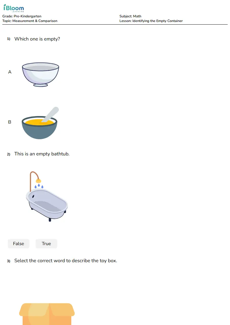 Identifying the Empty Container Lesson for Pre Kindergarten | iBloom