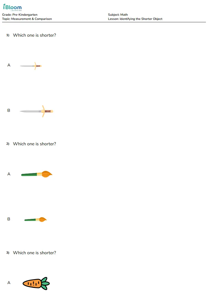Identifying the Shorter Object Lesson for Pre Kindergarten | iBloom