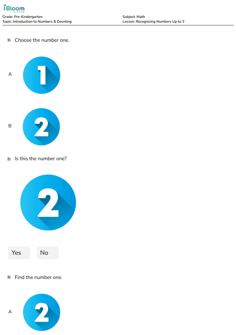 Recognizing Numbers Up to 3 Lesson for Pre Kindergarten | iBloom