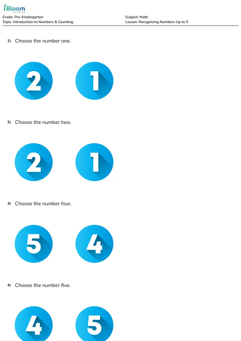 Recognizing Numbers Up to 5 Lesson for Pre Kindergarten | iBloom