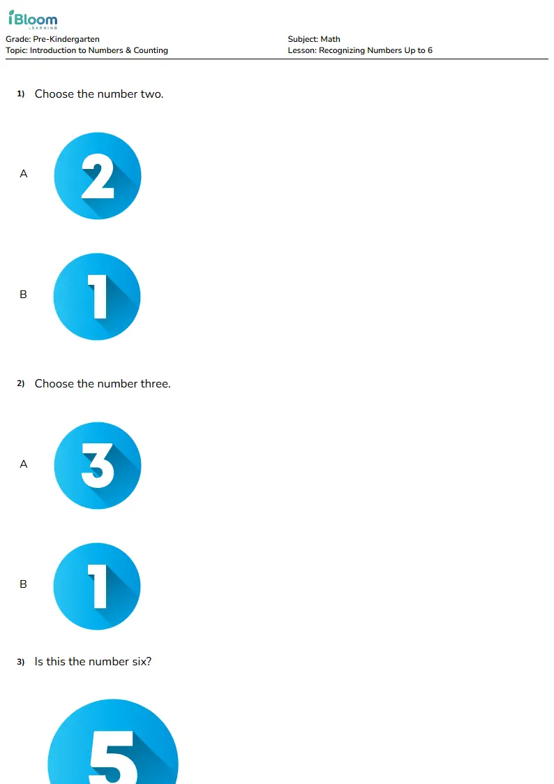 Recognizing Numbers Up to 6 Lesson for Pre Kindergarten | iBloom