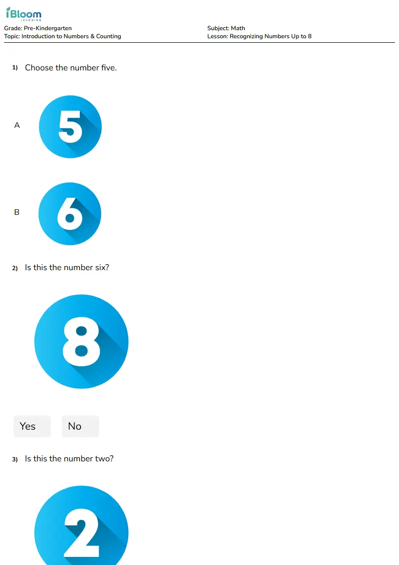 Recognizing Numbers Up to 8 Lesson for Pre Kindergarten | iBloom