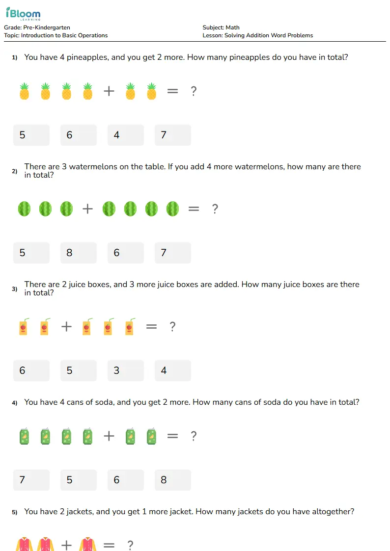 Solving Addition Word Problems Lesson for Pre Kindergarten | iBloom