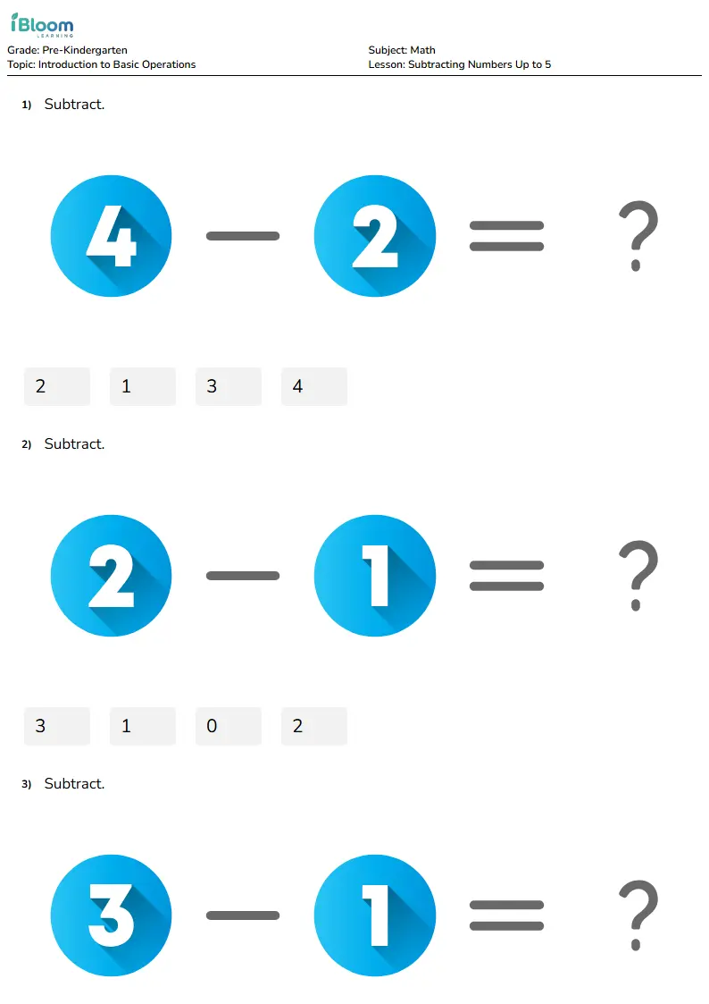 Subtracting Numbers Up to 5 Lesson for Pre Kindergarten | iBloom