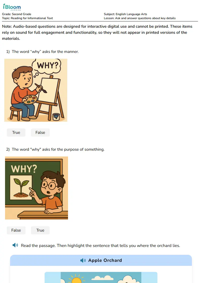 Ask and answer questions about key details Lesson for Second Grade