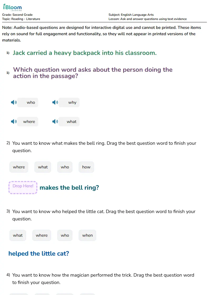 Ask and answer questions using text evidence Lesson for Second Grade