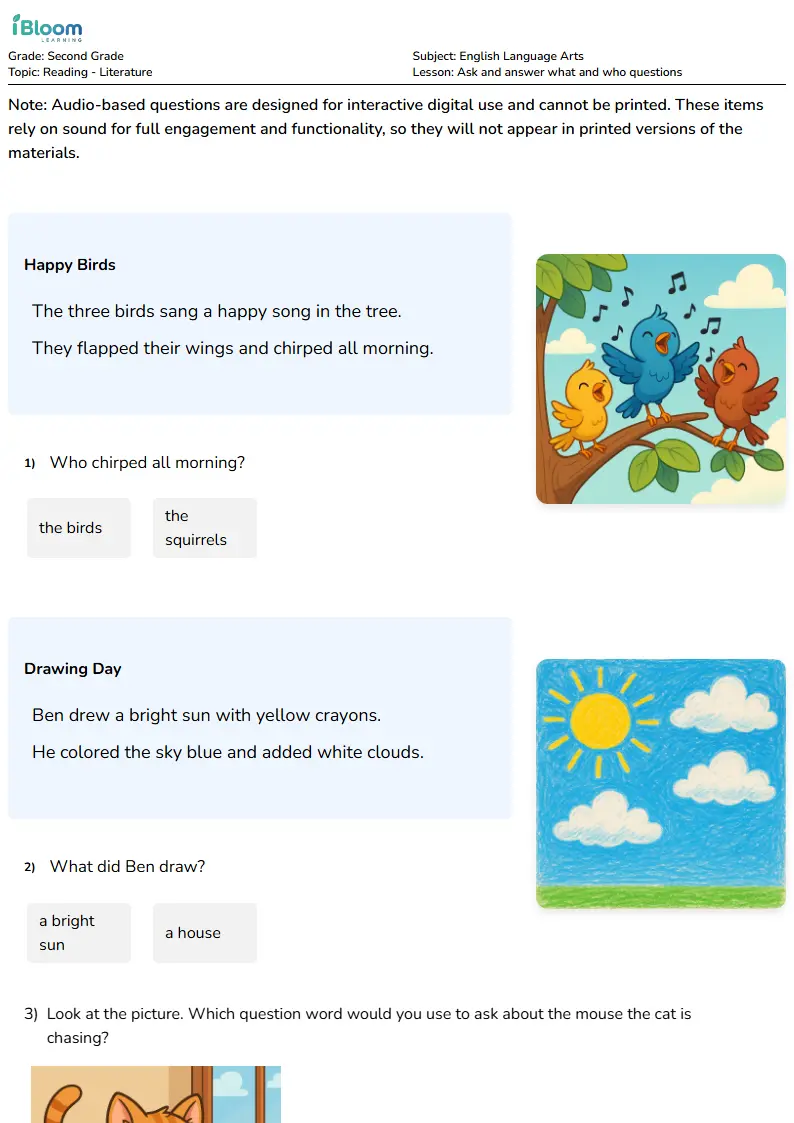 Ask and answer what and who questions Lesson for Second Grade