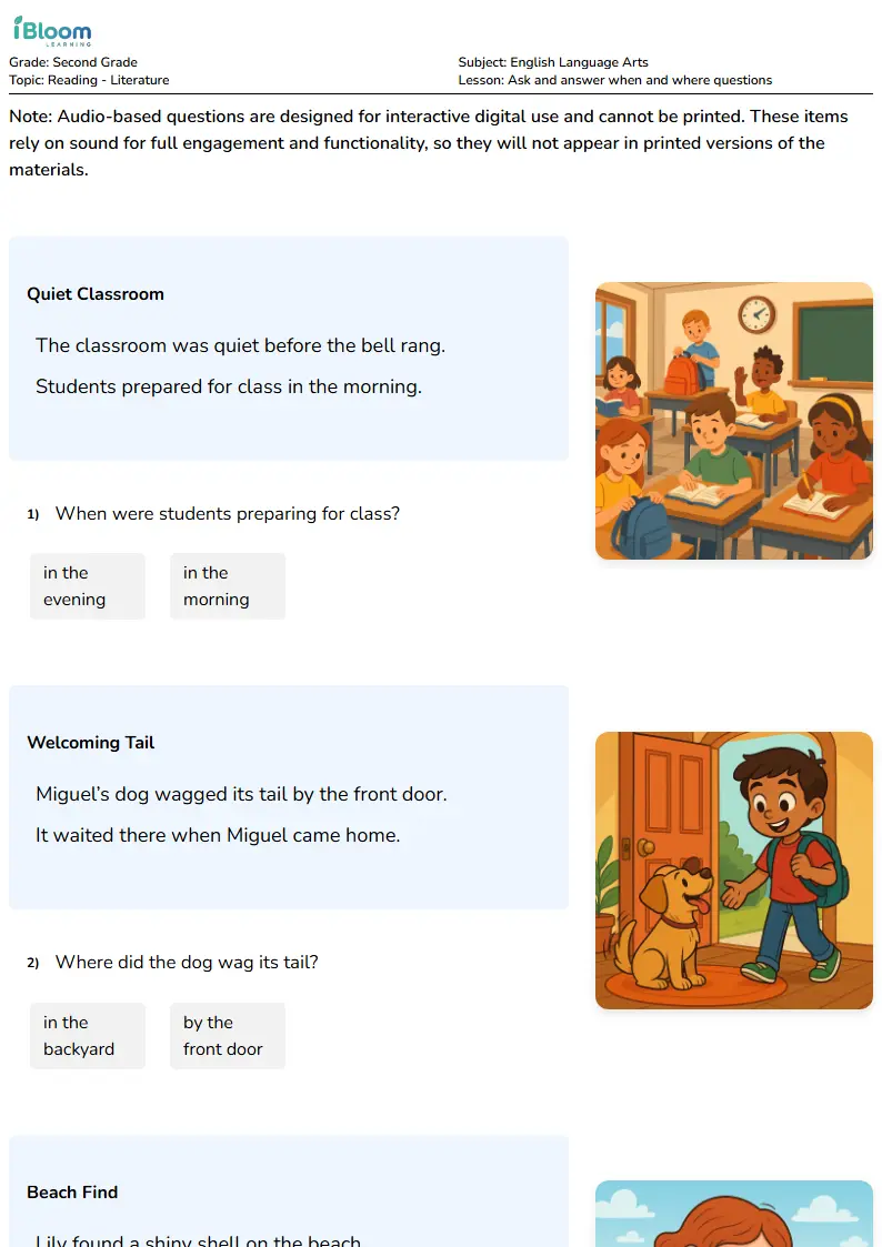 Ask and answer when and where questions Lesson for Second Grade