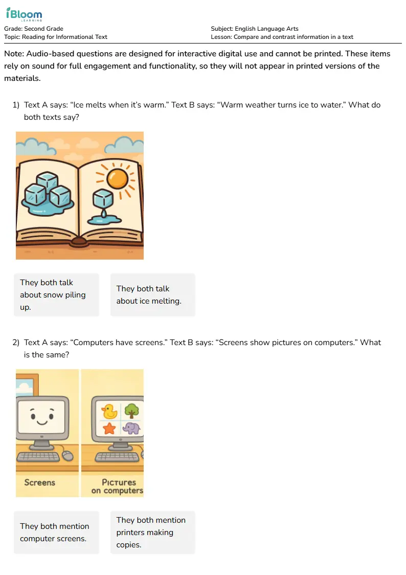 Compare and contrast information in a text Lesson for Second Grade