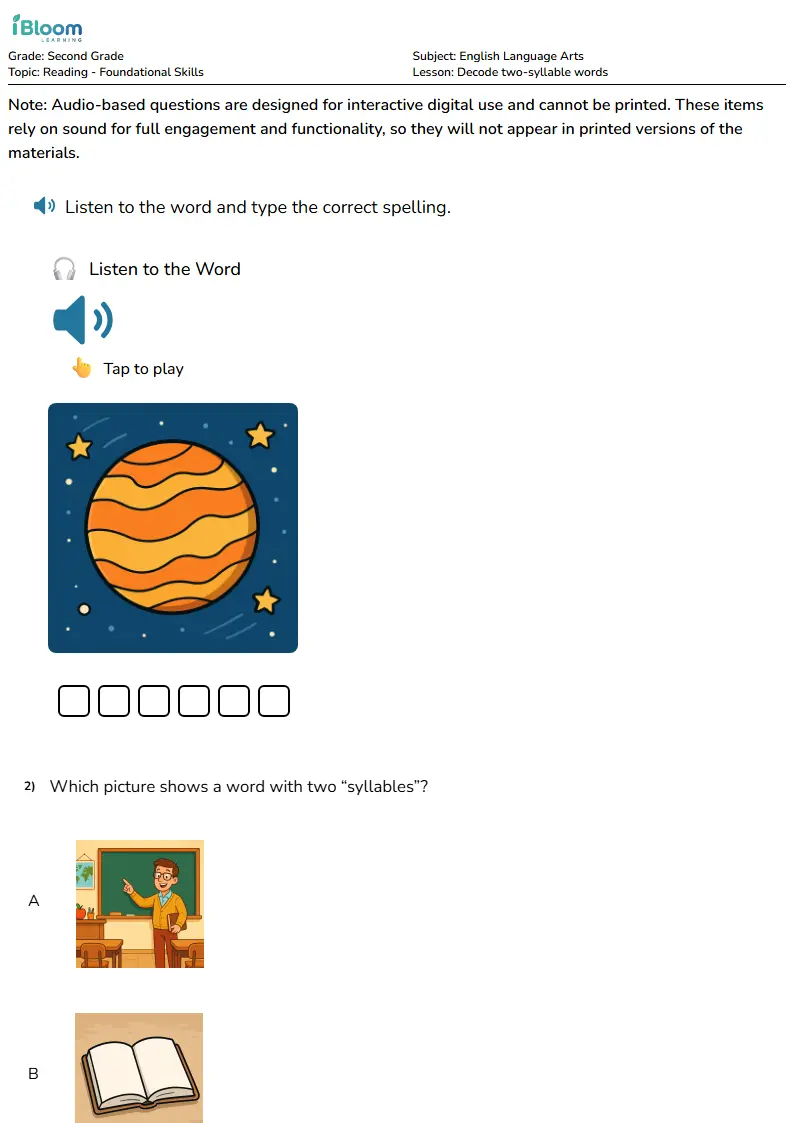 Decode two-syllable words Lesson for Second Grade