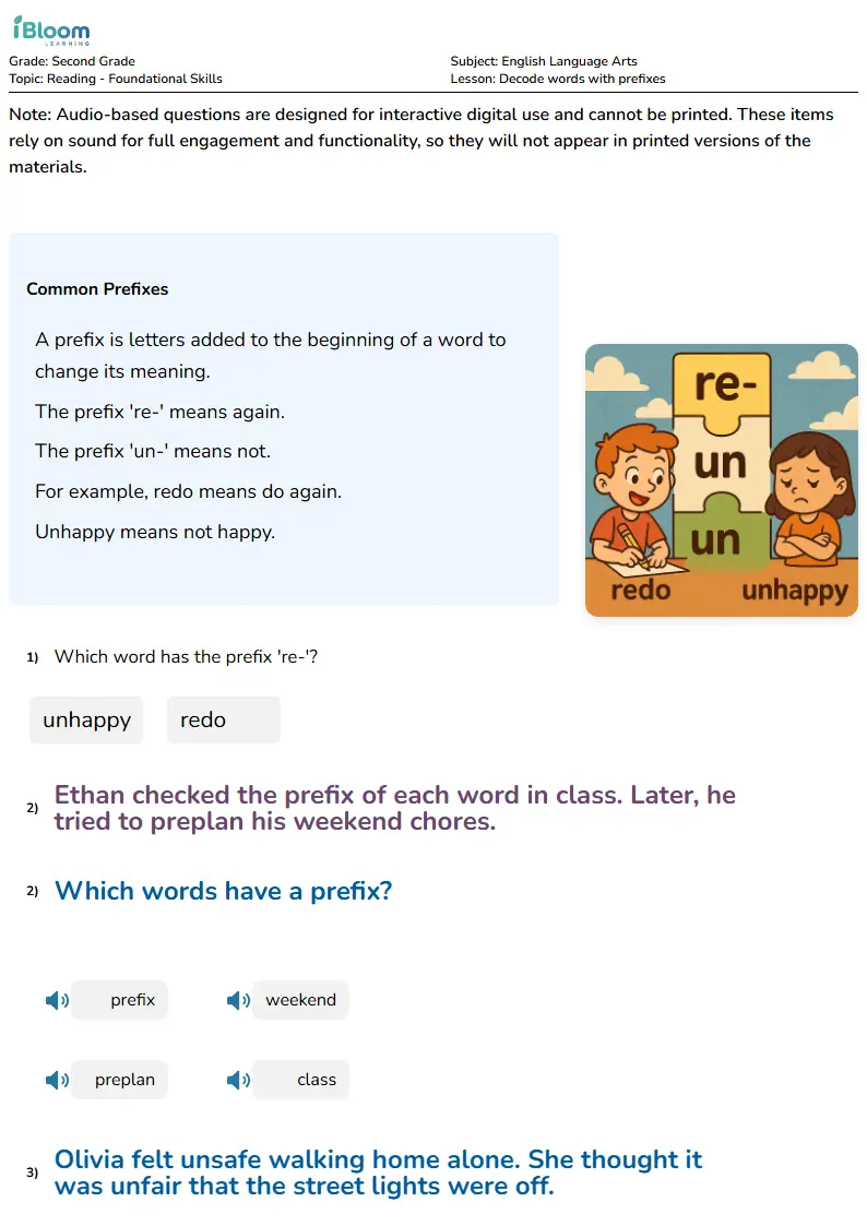 Decode words with prefixes Lesson for Second Grade | iBloom