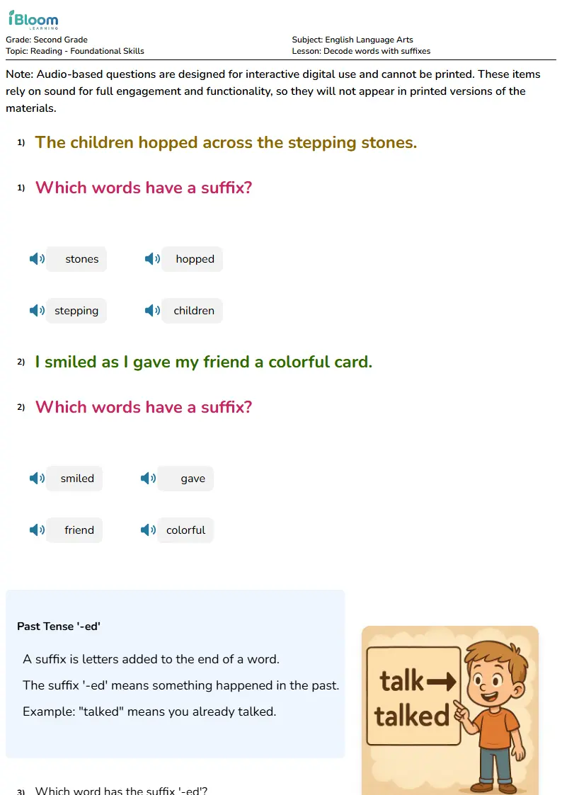 Decode words with suffixes Lesson for Second Grade