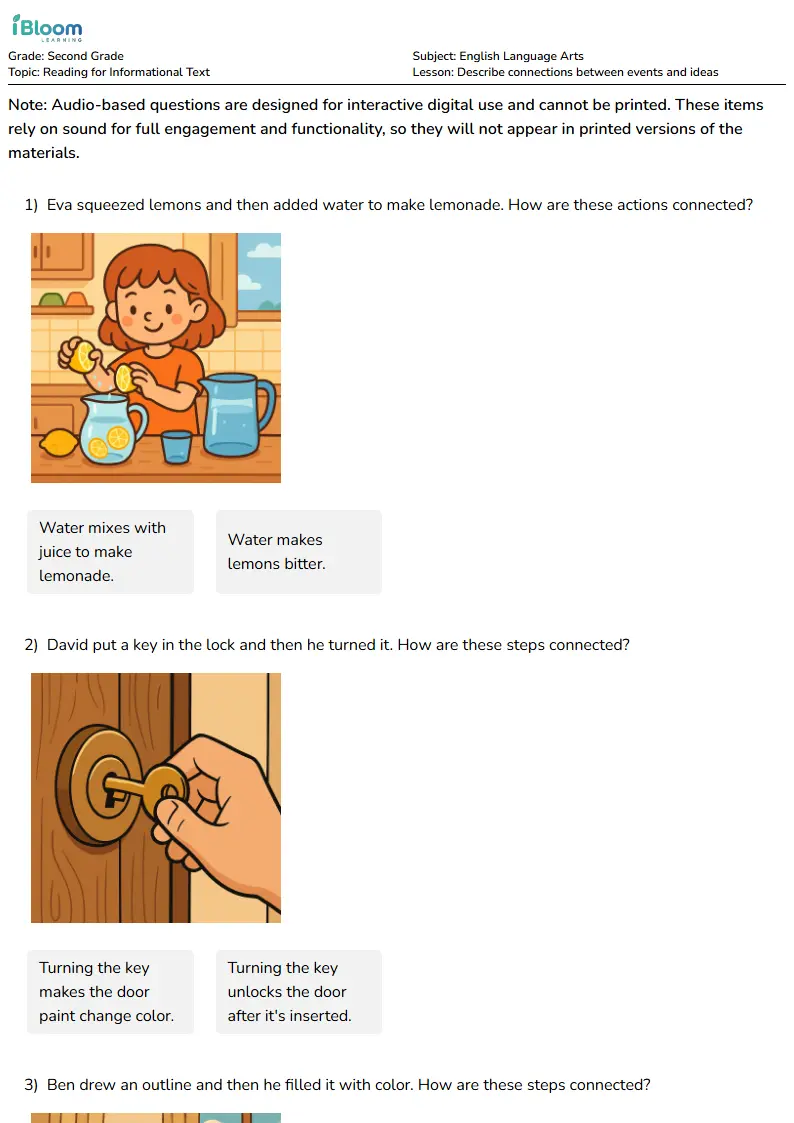 Describe connections between events and ideas Lesson for Second Grade