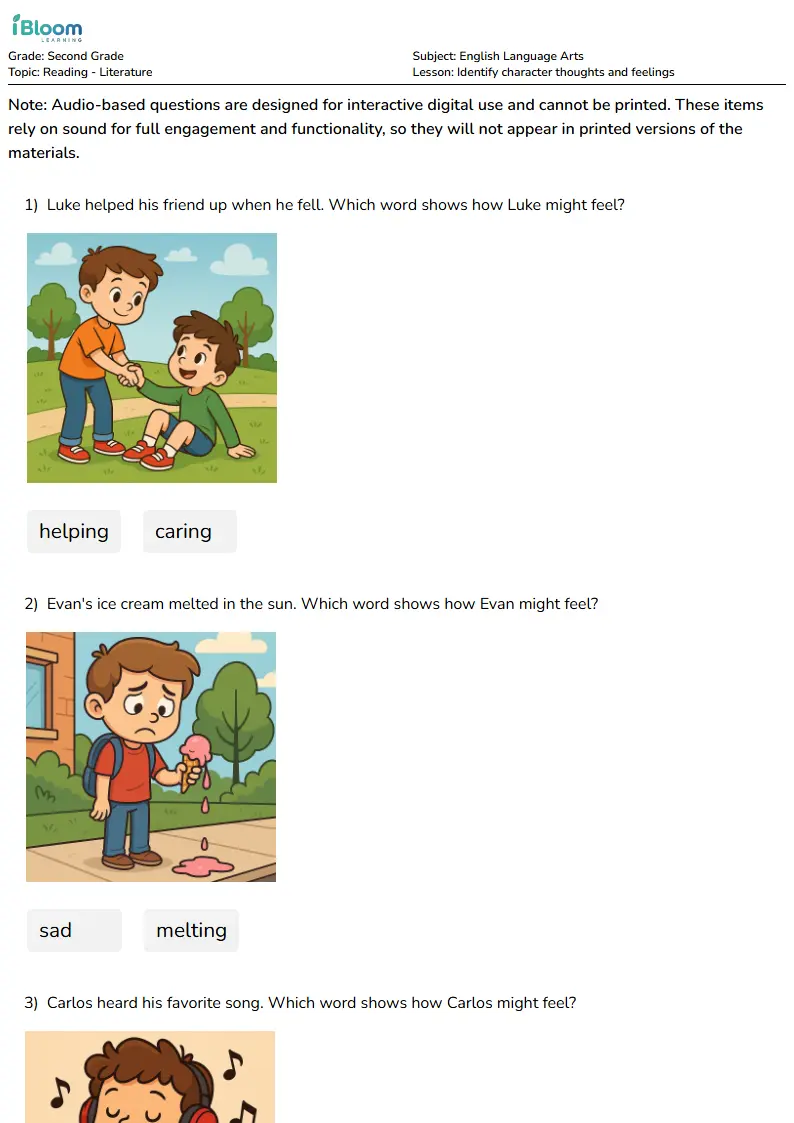 Identify character thoughts and feelings Lesson for Second Grade