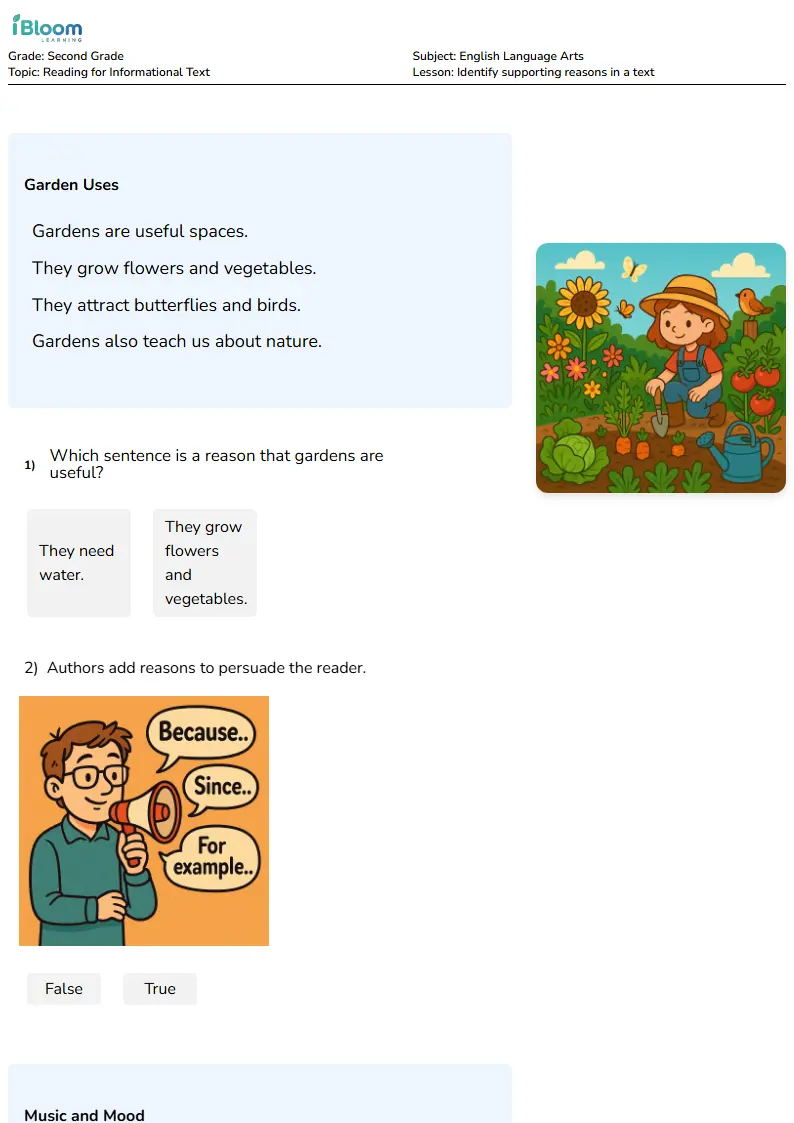 Identify supporting reasons in a text Lesson for Second Grade | iBloom
